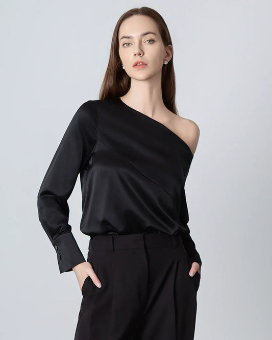 One-shoulder Long Sleeve Silk Blouse
