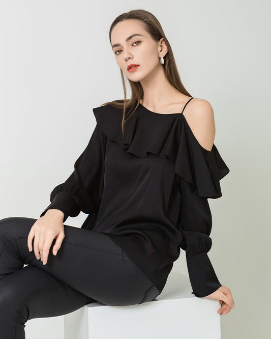 One-shoulder Ruffle Silk Shirt