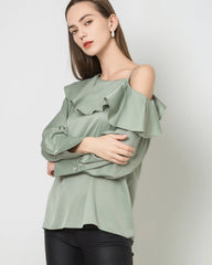 One-shoulder Ruffle Silk Shirt