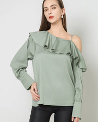 One-shoulder Ruffle Silk Shirt