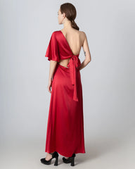 One Shoulder Tie Back Maxi Silk Dress
