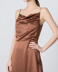 Pleated Cowl Neck Slit Maxi Silk Dress