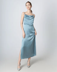 Pleated Cowl Neck Slit Maxi Silk Dress