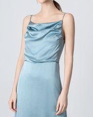 Pleated Cowl Neck Slit Maxi Silk Dress