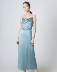 Pleated Cowl Neck Slit Maxi Silk Dress