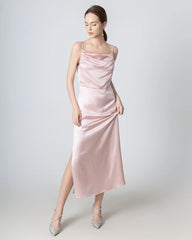 Pleated Cowl Neck Slit Maxi Silk Dress