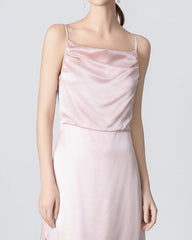 Pleated Cowl Neck Slit Maxi Silk Dress