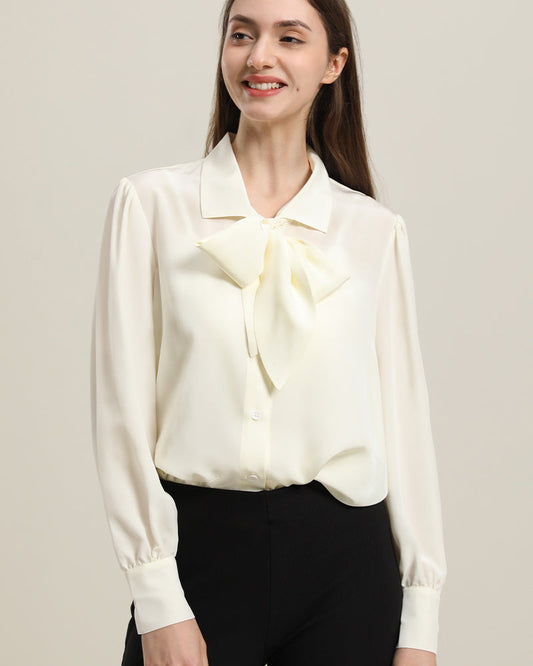 Collared Bow Tie Silk Blouse