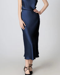 Round Neck Silk Camisole and Silk Midi Skirt Set