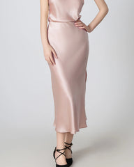 Round Neck Silk Camisole and Silk Midi Skirt Set