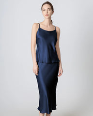 Round Neck Silk Camisole and Silk Midi Skirt Set