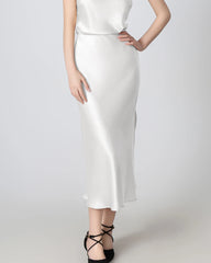 Round Neck Silk Camisole and Silk Midi Skirt Set