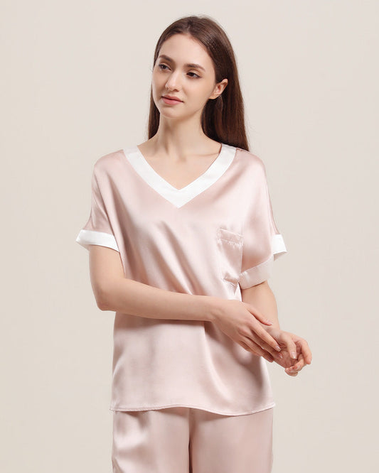 V Neck Pullover Silk Pajama Set