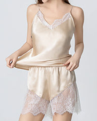Short Lace Camisole Silk Pajama Set