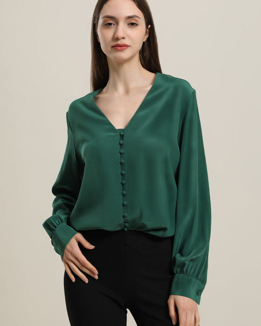 Deep V-Neck Long Sleeve Silk Blouse
