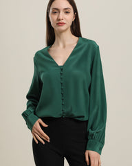 Deep V-Neck Long Sleeve Silk Blouse
