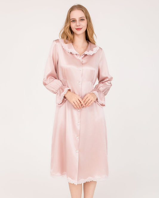 22 Momme Long-Sleeve Silk Dress with Lace Ruffled Cuffs