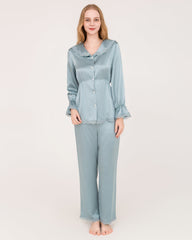 Silk Pajama Set with Lace Ruffled Cuffs