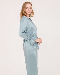 Silk Pajama Set with Lace Ruffled Cuffs