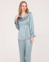 Silk Pajama Set with Lace Ruffled Cuffs