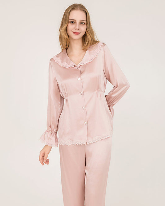 Silk Pajama Set with Lace Ruffled Cuffs