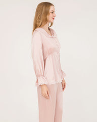 Silk Pajama Set with Lace Ruffled Cuffs