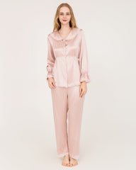 Silk Pajama Set with Lace Ruffled Cuffs