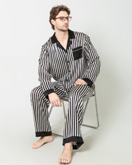 Silk Men's Black And White Striped Pajamas Set