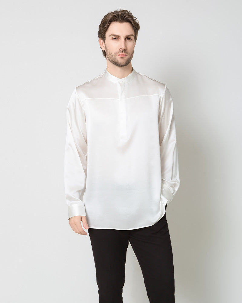 DaisySilk Mens Silk Shirt Long Sleeve Half Button Band Collar Casual White / XXXL DaisySilk Mens Silk Shirt Long Sleeve Half Button Band Collar Casual White / XXXL