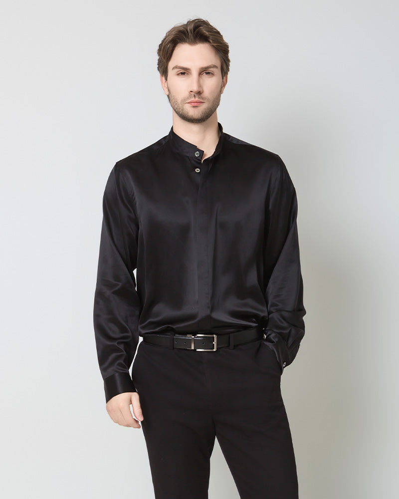 DaisySilk Mens Silk Shirt Long Sleeve Band Collar in Black or Navy Black / XS DaisySilk Mens Silk Shirt Long Sleeve Band Collar in Black or Navy Black / XS