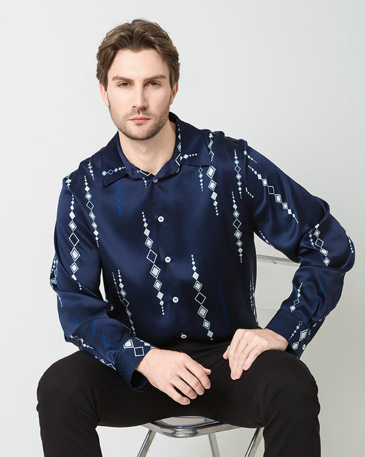 Men's Long Navy Print Silk Shirt