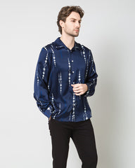 Men's Long Navy Print Silk Shirt