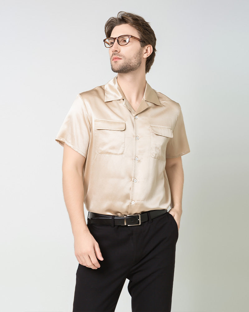 mens silk dress shirts short sleeve Royal Silk - Men?s Black Silk Camp Shirt