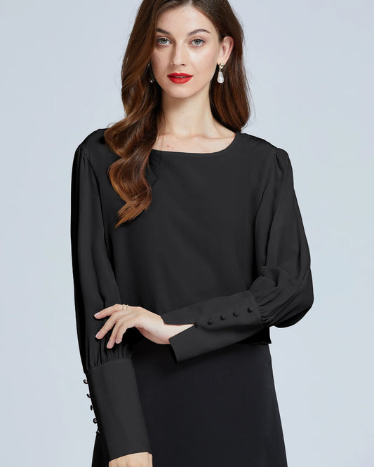 Silk Round Neck Lantern Sleeve Women Shirt