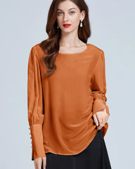 Silk Round Neck Lantern Sleeve Women Shirt