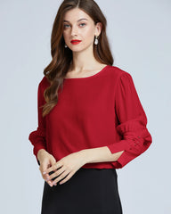 Silk Round Neck Lantern Sleeve Women Shirt