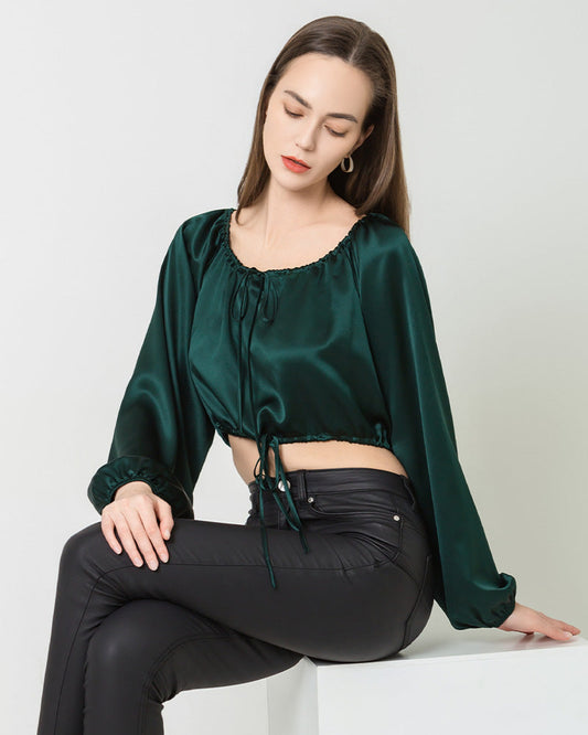 Lantern Sleeve Crop Top Silk Blouse