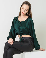 Lantern Sleeve Crop Top Silk Blouse