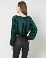 Lantern Sleeve Crop Top Silk Blouse
