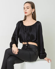 Lantern Sleeve Crop Top Silk Blouse