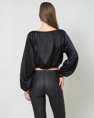 Lantern Sleeve Crop Top Silk Blouse