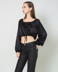 Lantern Sleeve Crop Top Silk Blouse