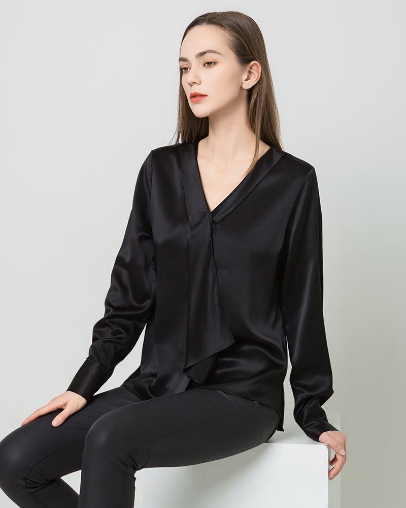 Silk V-Neck Tie Blouse, Black