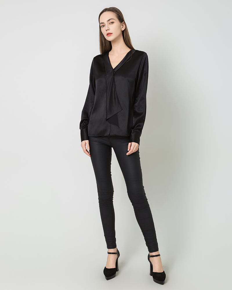Silk V-Neck Tie Blouse, Black