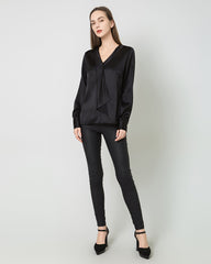 Silk V-Neck Tie Blouse, Black