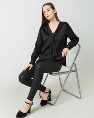 Silk V-Neck Tie Blouse, Black