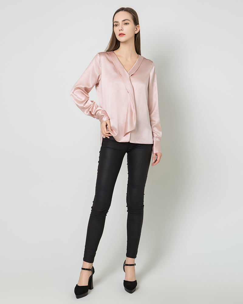 Silk V-Neck Tie Blouse, Pink