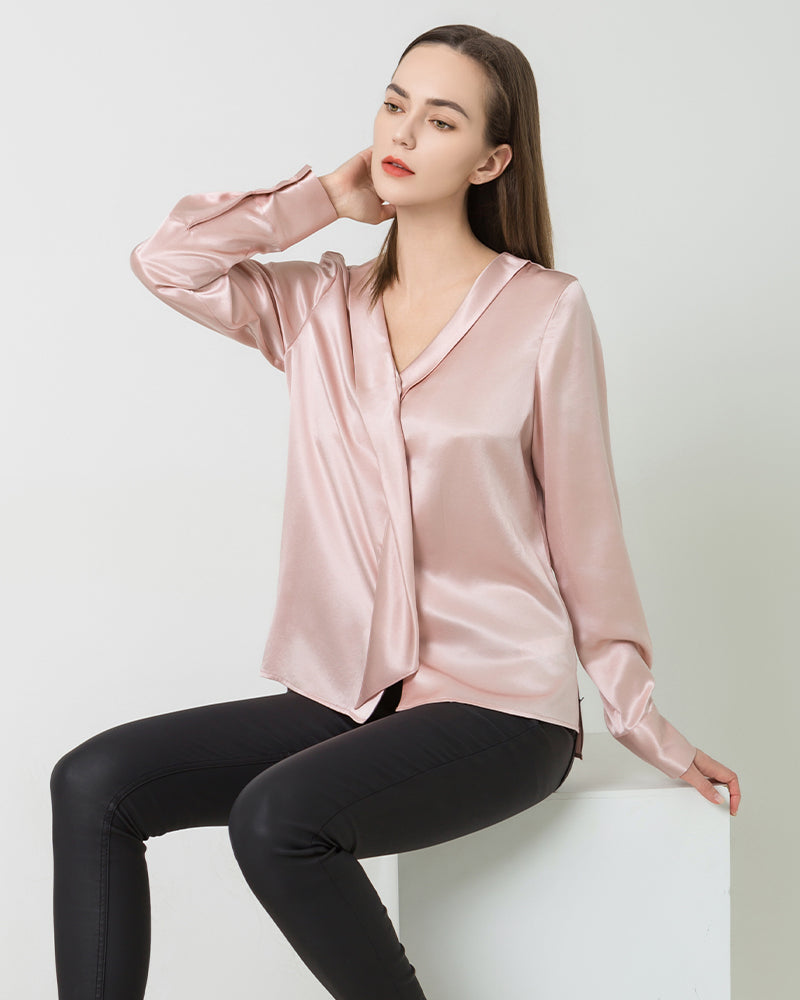 Silk V-Neck Tie Blouse, Pink