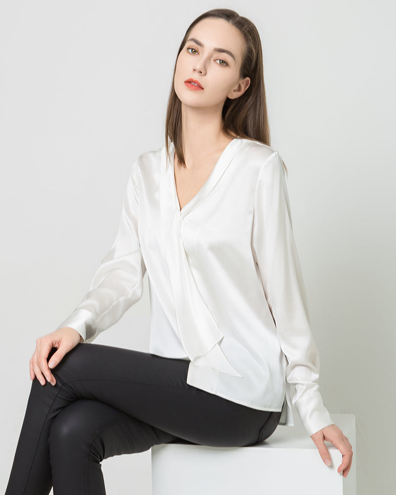 Silk V-Neck Tie Blouse, White