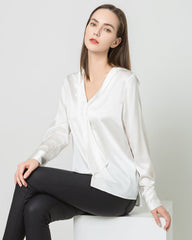 Silk V-Neck Tie Blouse, White